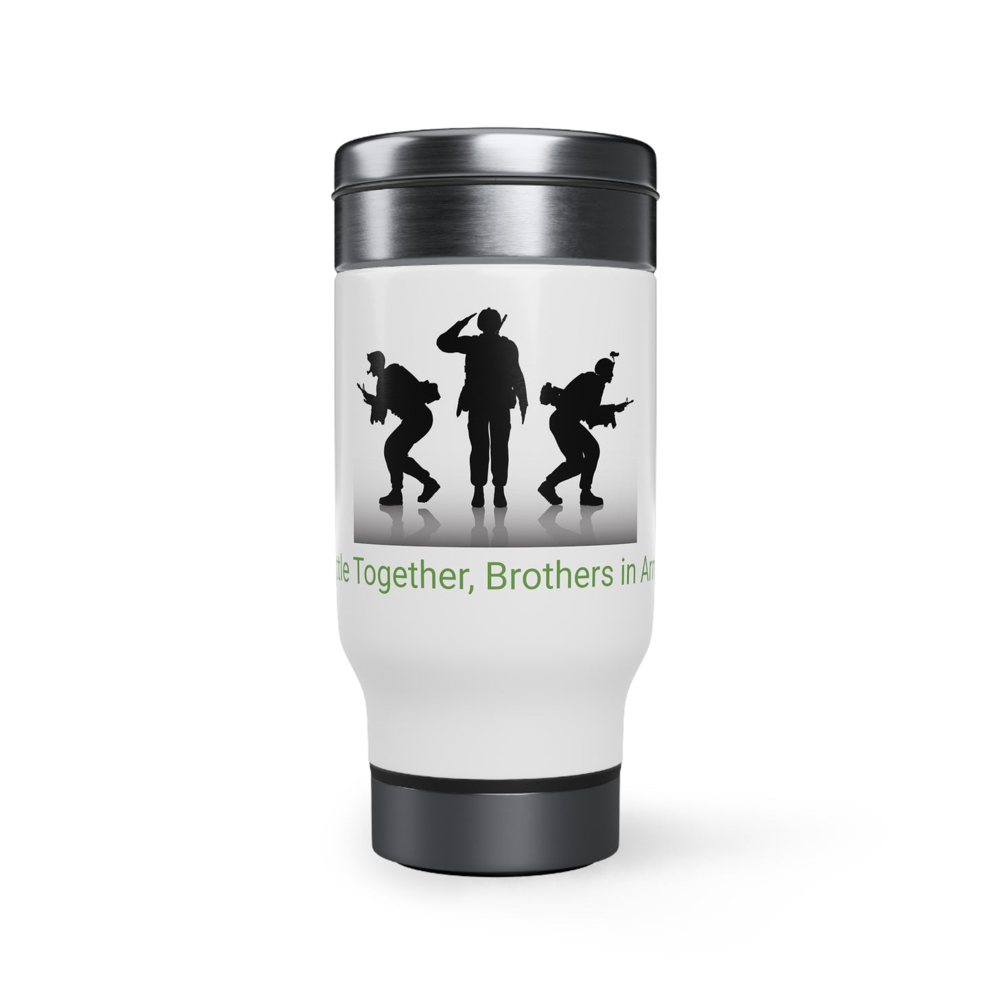 Custom KB Attire "Battle Together, Brothers in Arms" Stainless Steel Travel Mug with Handle, 14oz