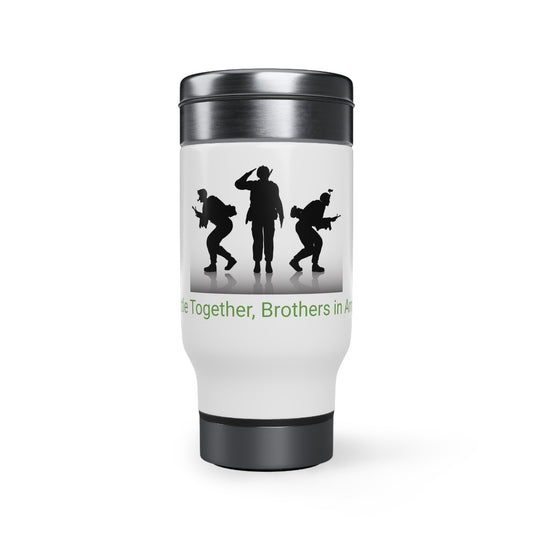 Custom KB Attire "Battle Together, Brothers in Arms" Stainless Steel Travel Mug with Handle, 14oz
