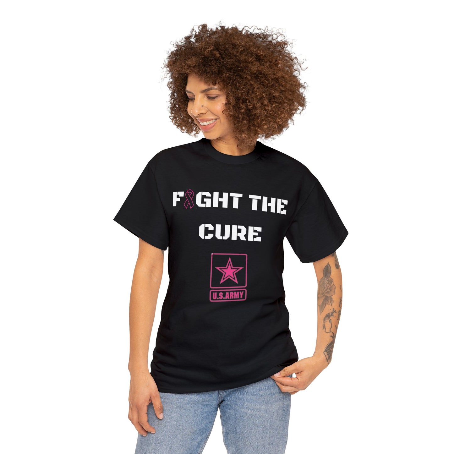 Custom KB Short Sleeve Black "Fight the Cure" Breast Cancer Awareness Month T-Shirt Womens