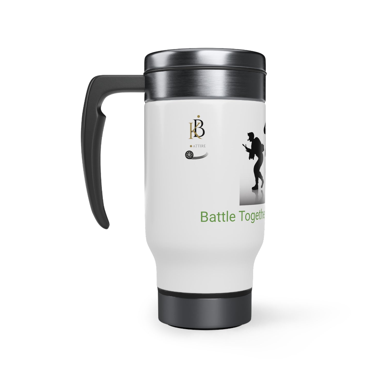 Custom KB Attire "Battle Together, Brothers in Arms" Stainless Steel Travel Mug with Handle, 14oz